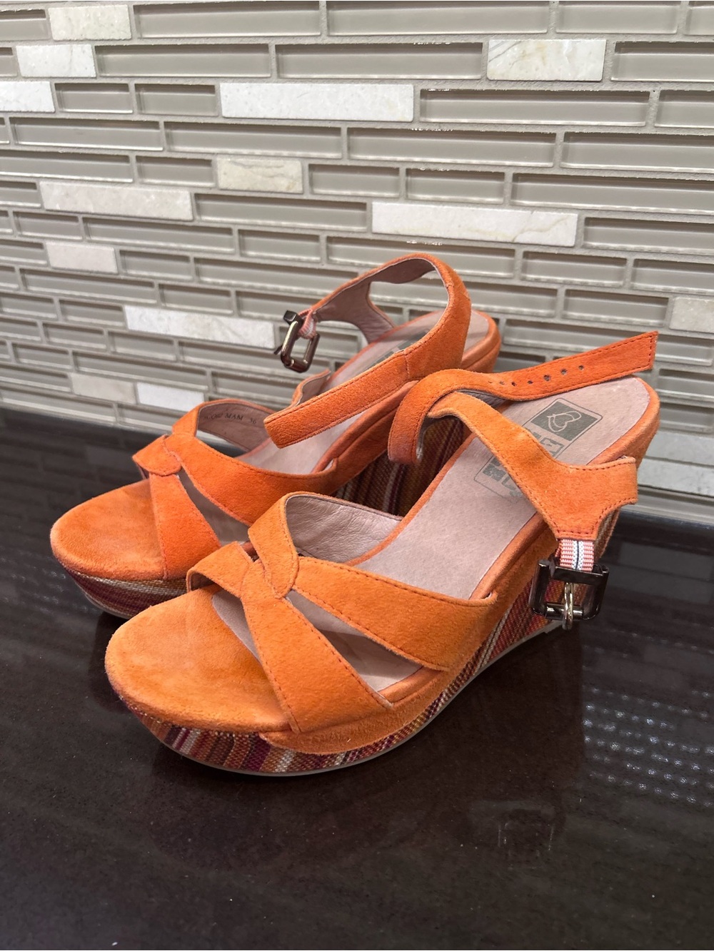 Women's Orange Suede Wedge Sandals with Ankle Strap
